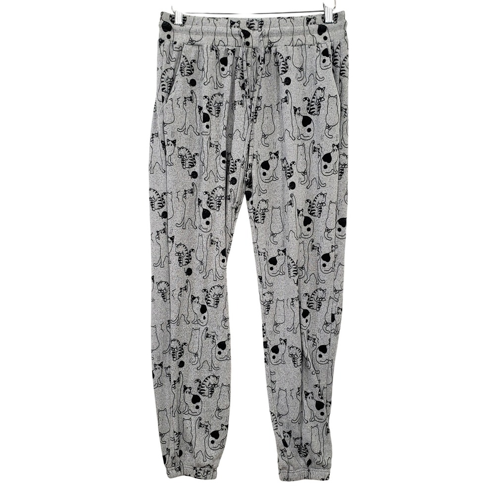 SM Wardrobe Jogger Sweatpants Womens Large Gray Cat‎ Print Drawstring Pockets